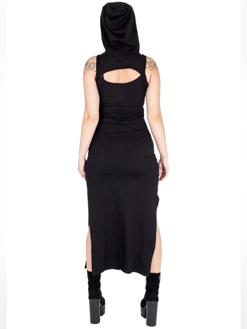 Vixxsin Black Cora Hooded Lace Up Goth Studded Sleeveless Midi Dress Dark Punk - Picture 4 of 14